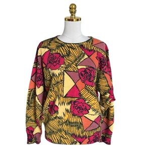 CECILY Vintage Lambswool & Angora Blend Colorful Floral Print Knit Sweater Sz L